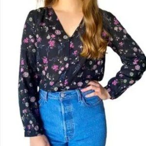 floral long sleeve button down v-neck blouse top size small